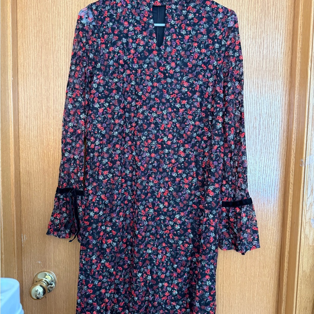 Libby Edelman Black and Red Floral Long Sleeve Dress